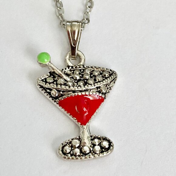 Martini Cocktail Drink Cup Glass Charm Necklace Pendant Red Enamel 18" Chain - Picture 2 of 9